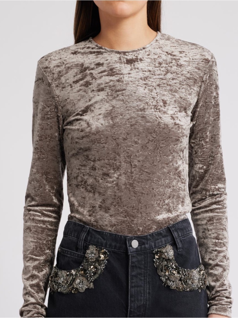 NWT Frame Velvet size small Long-Sleeve Crewneck Top in Taupe